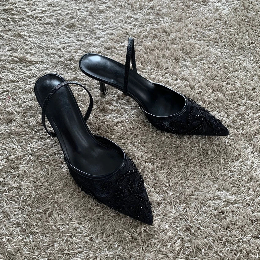 ELEGANT MESH EMBROIDERED SUMMER SLINGBACK HEELS
