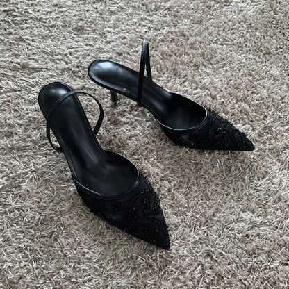 ELEGANT MESH EMBROIDERED SUMMER SLINGBACK HEELS