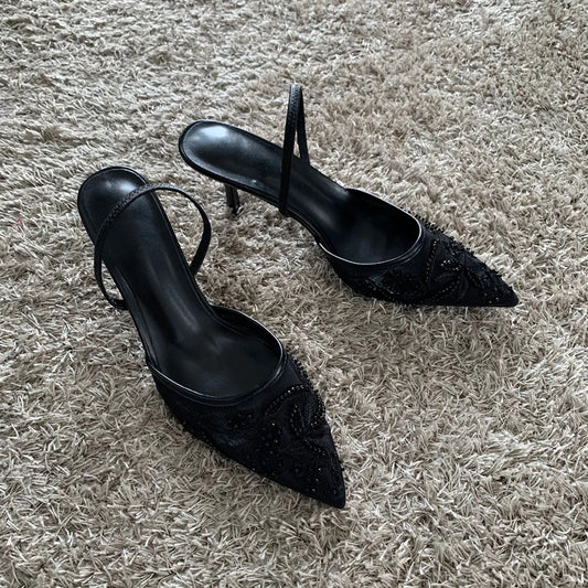 ELEGANT MESH EMBROIDERED SUMMER SLINGBACK HEELS