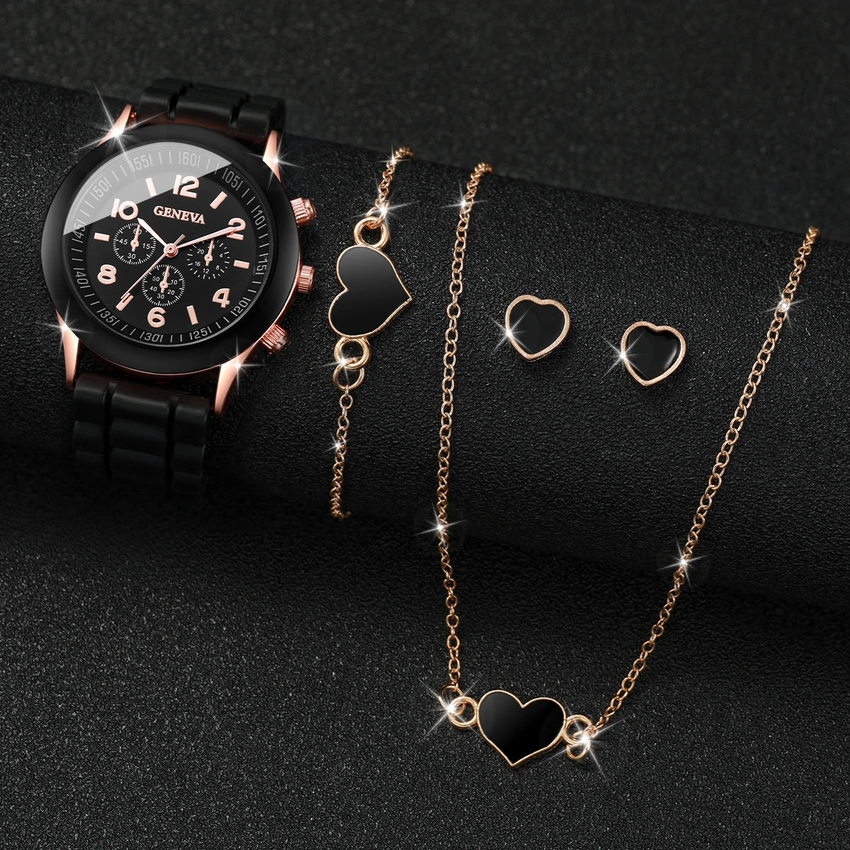 Women’s Fashion Quartz Watch Set – Silicone Strap Jewelry Gift Collection