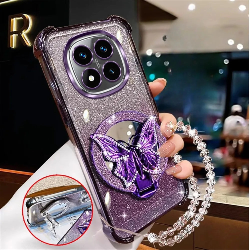 Glam Mirror Phone Case – Sparkle Butterfly Cover with Wrist Strap & Stand