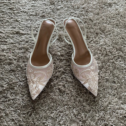 ELEGANT MESH EMBROIDERED SUMMER SLINGBACK HEELS