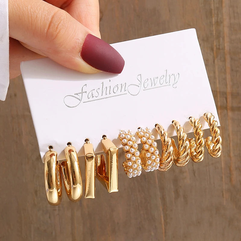Square & Round Pearl Drop Earrings – Vintage Gold Fashion Jewelry Set