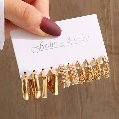 Square & Round Pearl Drop Earrings – Vintage Gold Fashion Jewelry Set