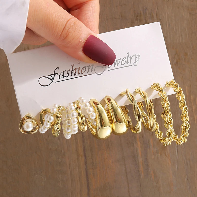 Square & Round Pearl Drop Earrings – Vintage Gold Fashion Jewelry Set