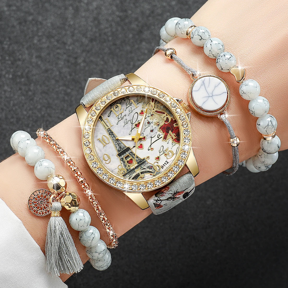 RHINESTONE FLOWER PRINT LUXURY WATCH SET