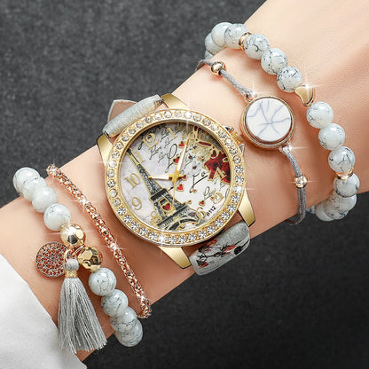 RHINESTONE FLOWER PRINT LUXURY WATCH SET