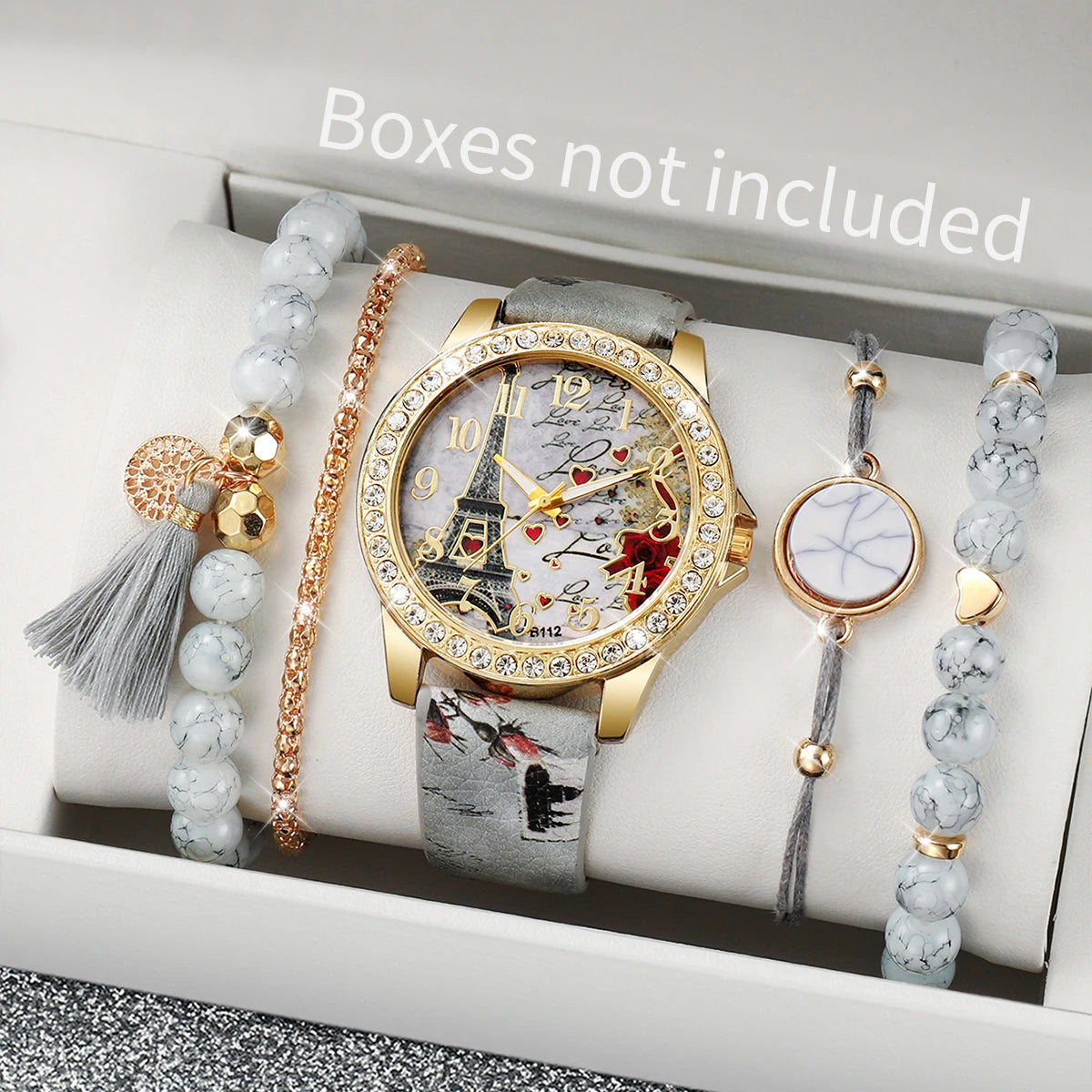 RHINESTONE FLOWER PRINT LUXURY WATCH SET