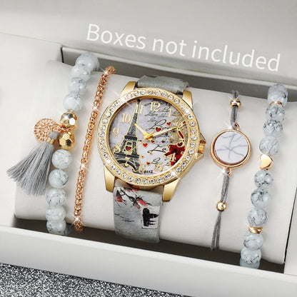 RHINESTONE FLOWER PRINT LUXURY WATCH SET