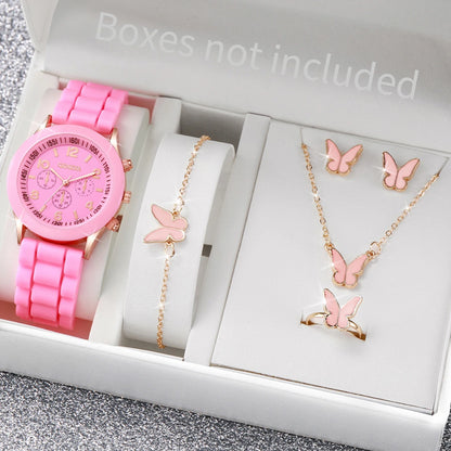 Women’s Fashion Quartz Watch Set – Silicone Strap Jewelry Gift Collection