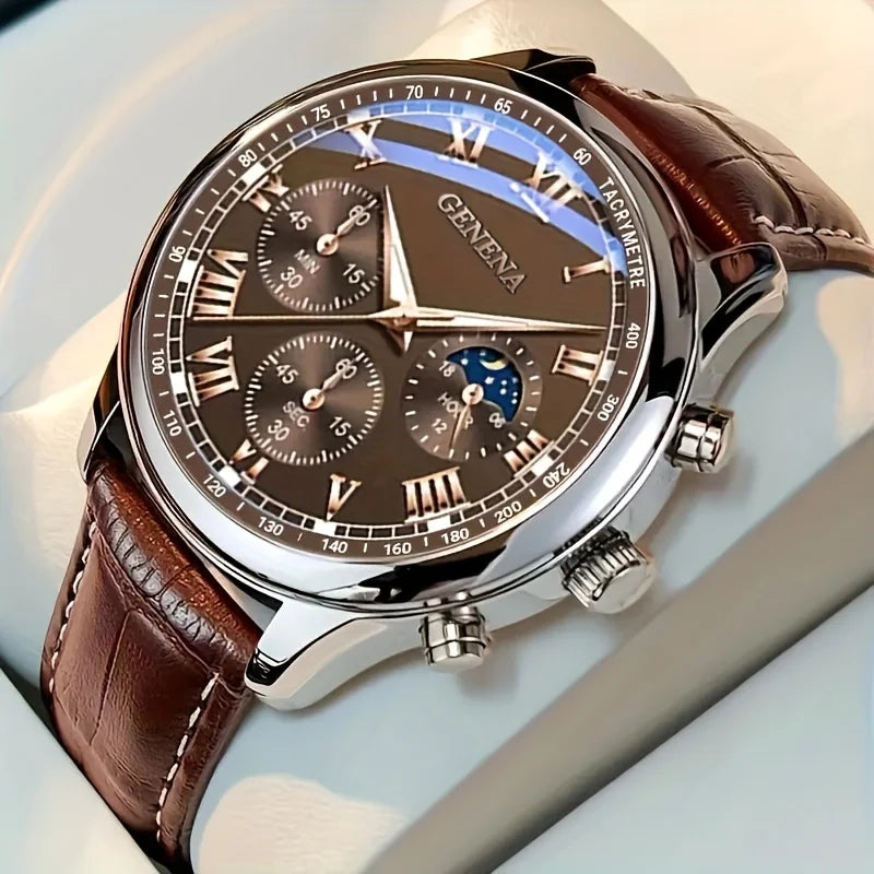 Modern Classic Men Watch – Roman Numeral Leather Strap Quartz Watch