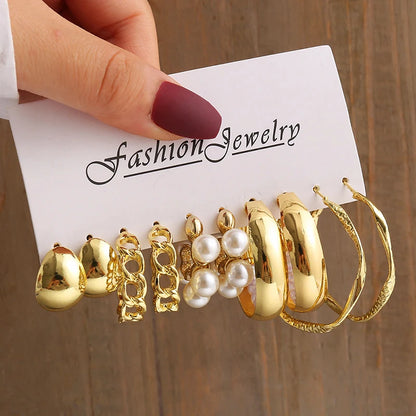 Square & Round Pearl Drop Earrings – Vintage Gold Fashion Jewelry Set