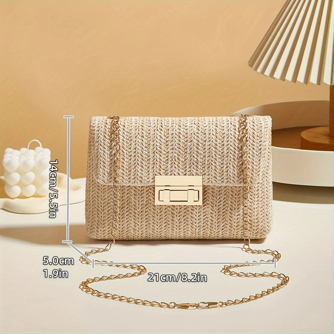 Handwoven Straw Shoulder Bag – Lock Closure Summer Crossbody Purse