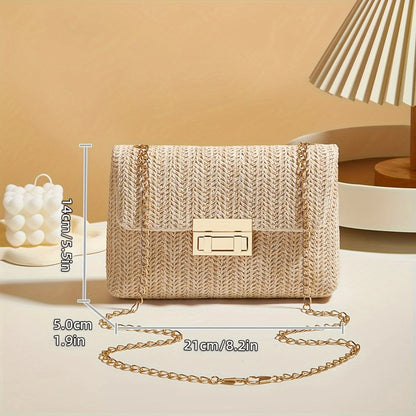 Handwoven Straw Shoulder Bag – Lock Closure Summer Crossbody Purse