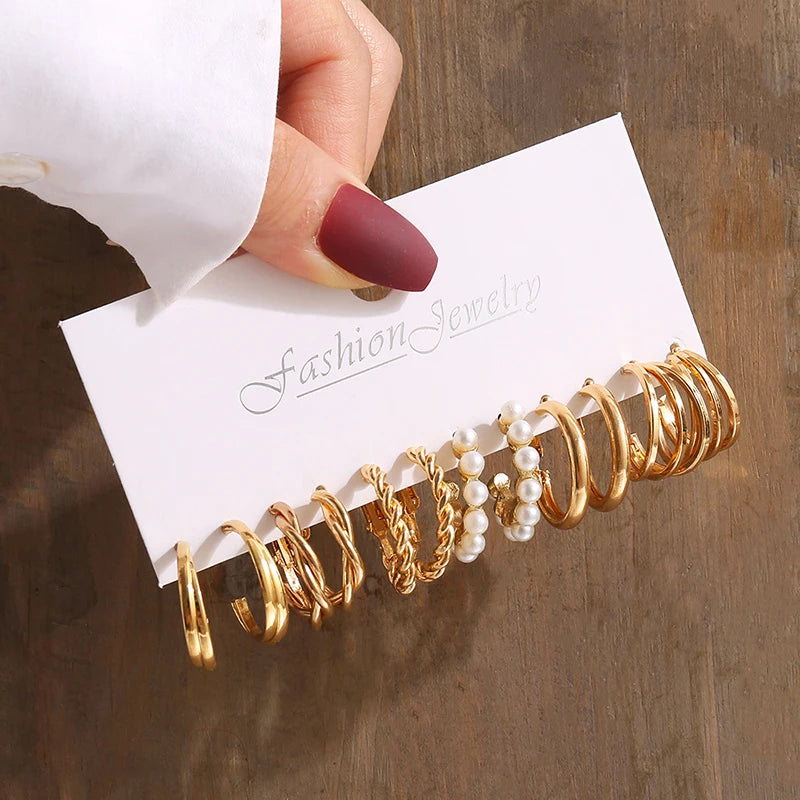 Square & Round Pearl Drop Earrings – Vintage Gold Fashion Jewelry Set