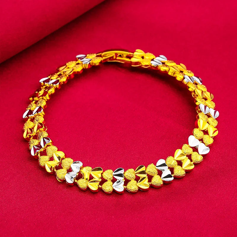 Elegant Crown & Heart Charm Bracelet – Gold Stainless Steel Wide Chain Wristwear