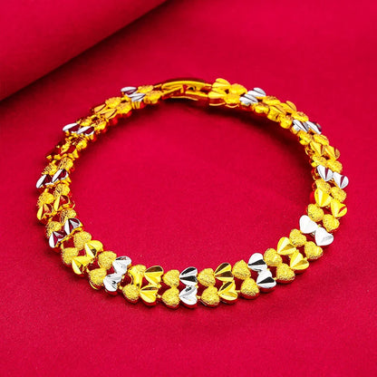 Elegant Crown & Heart Charm Bracelet – Gold Stainless Steel Wide Chain Wristwear