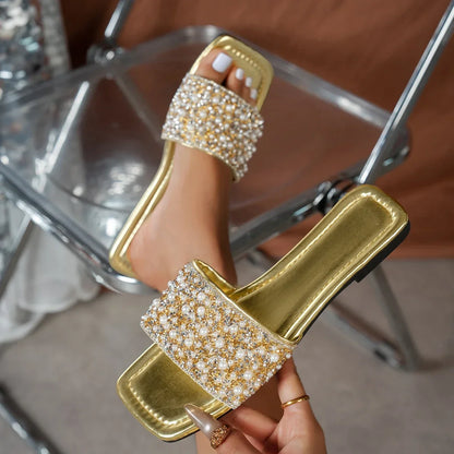 Chic Rhinestone Flat Sandals for Women – Elegant Summer Slides for Everyday Style