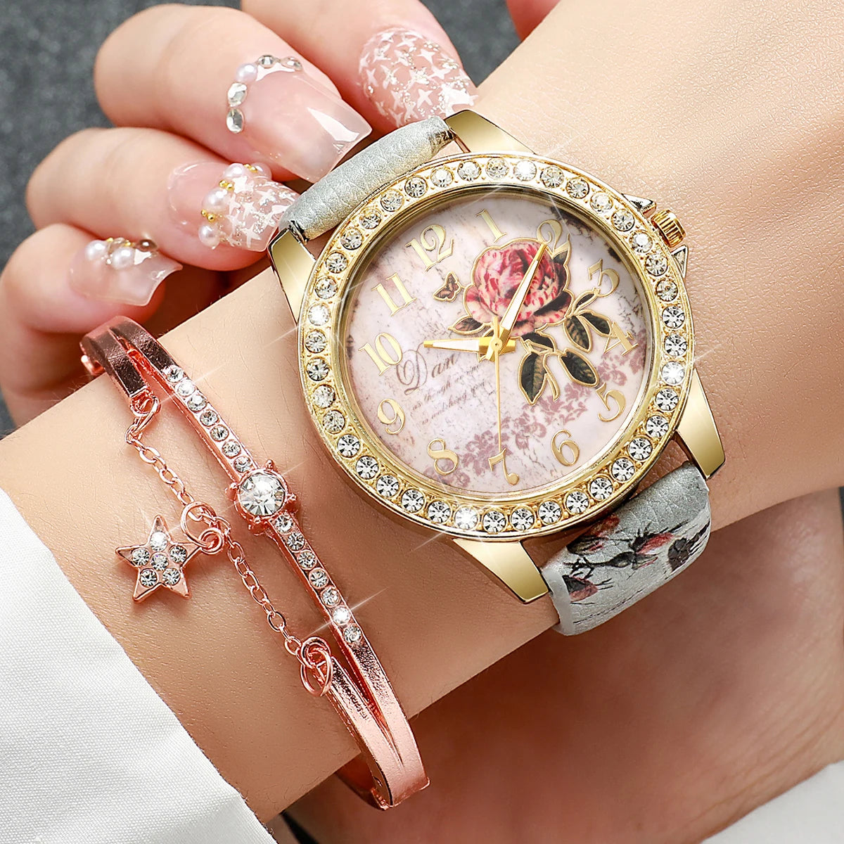 RHINESTONE FLOWER PRINT LUXURY WATCH SET