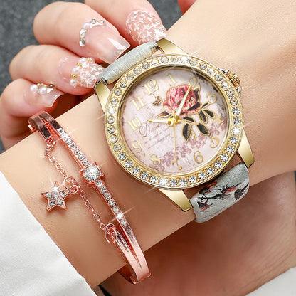 RHINESTONE FLOWER PRINT LUXURY WATCH SET