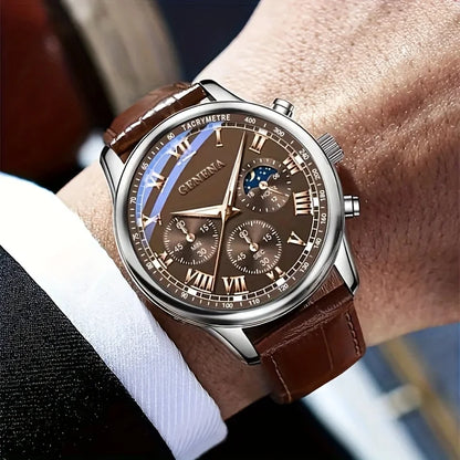 Modern Classic Men Watch – Roman Numeral Leather Strap Quartz Watch