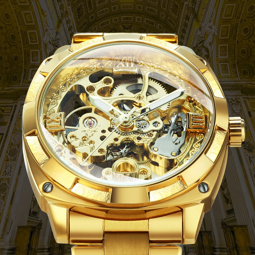 Luxury Retro Skeleton Square Watch – Automatic Movement Steel Band Men’s Watch