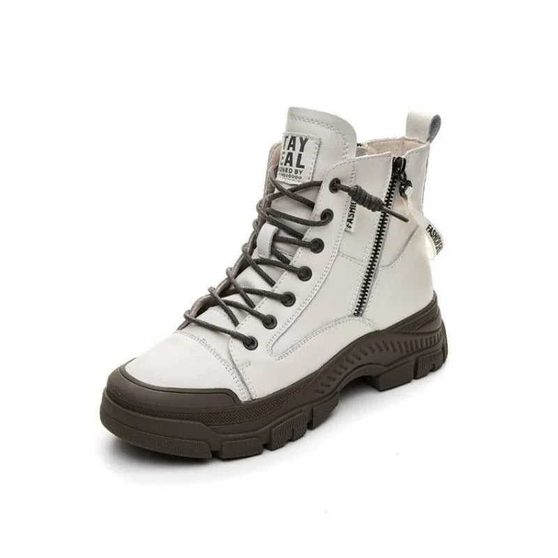 Thick Sole Ankle Boots – Women Casual Lace-Up Fashion PU Leather Shoes