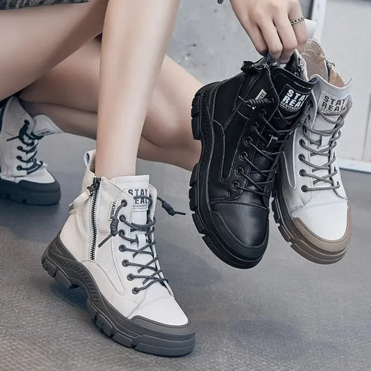 Thick Sole Ankle Boots – Women Casual Lace-Up Fashion PU Leather Shoes