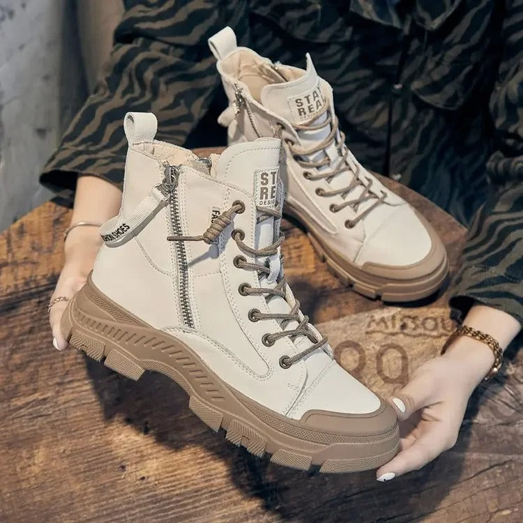 Thick Sole Ankle Boots – Women Casual Lace-Up Fashion PU Leather Shoes
