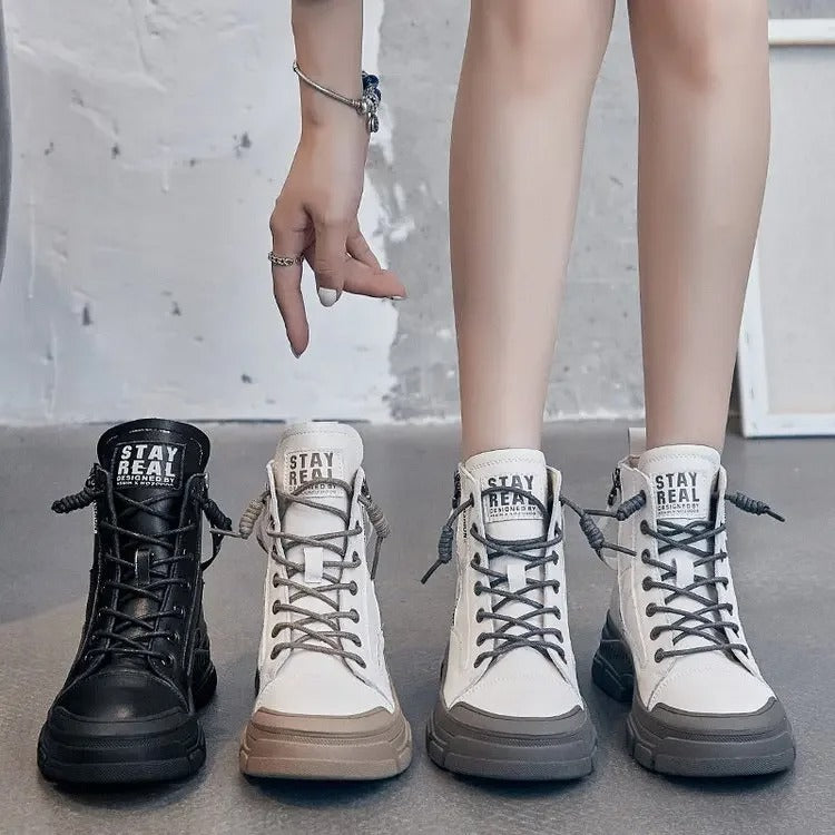 Thick Sole Ankle Boots – Women Casual Lace-Up Fashion PU Leather Shoes