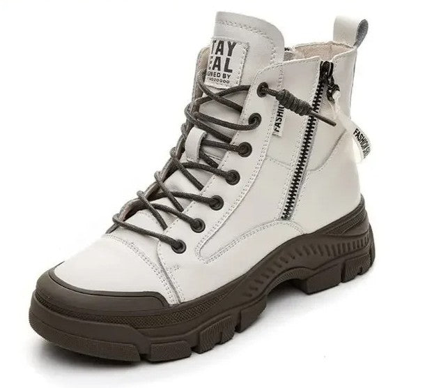 Thick Sole Ankle Boots – Women Casual Lace-Up Fashion PU Leather Shoes